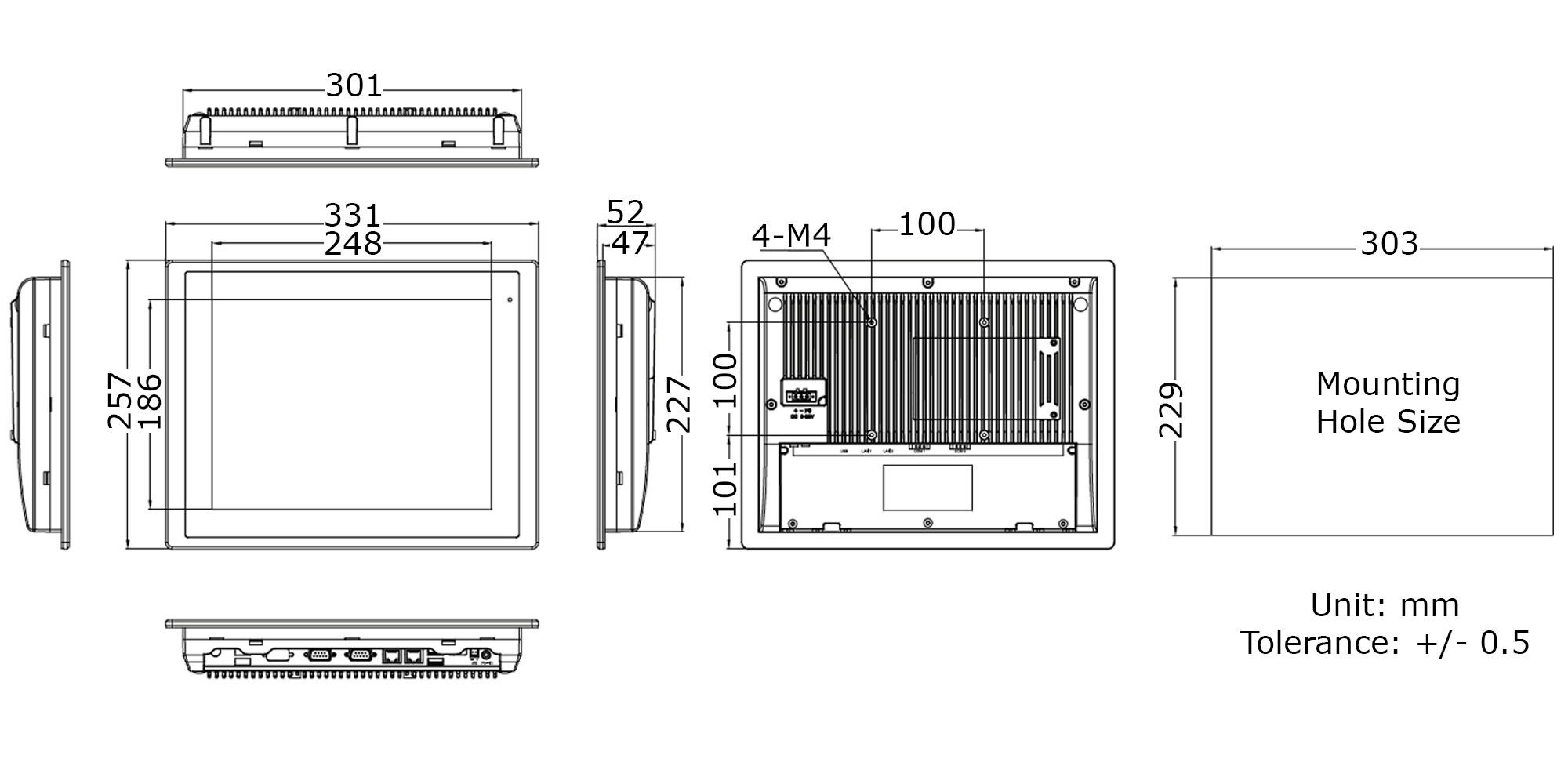 12" Industrial Panel PC Technical Drawing