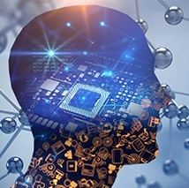 Profil eines menschlichen Kopfes mit einem CPU-Gehirn darin