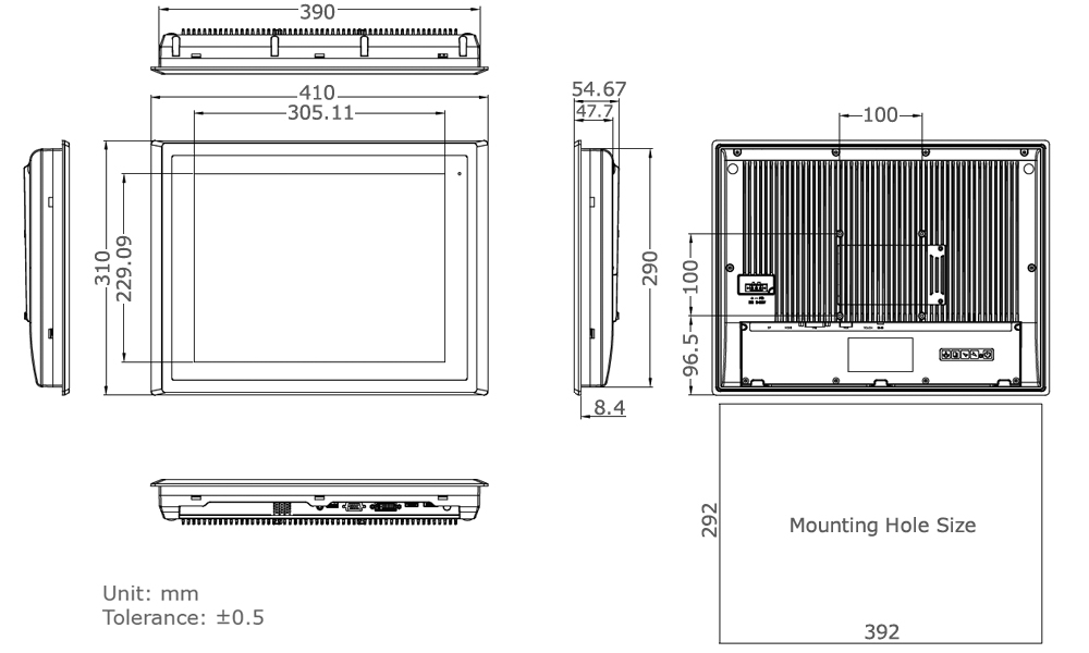 TD-45-15 15" Industrial Display Technical Drawing
