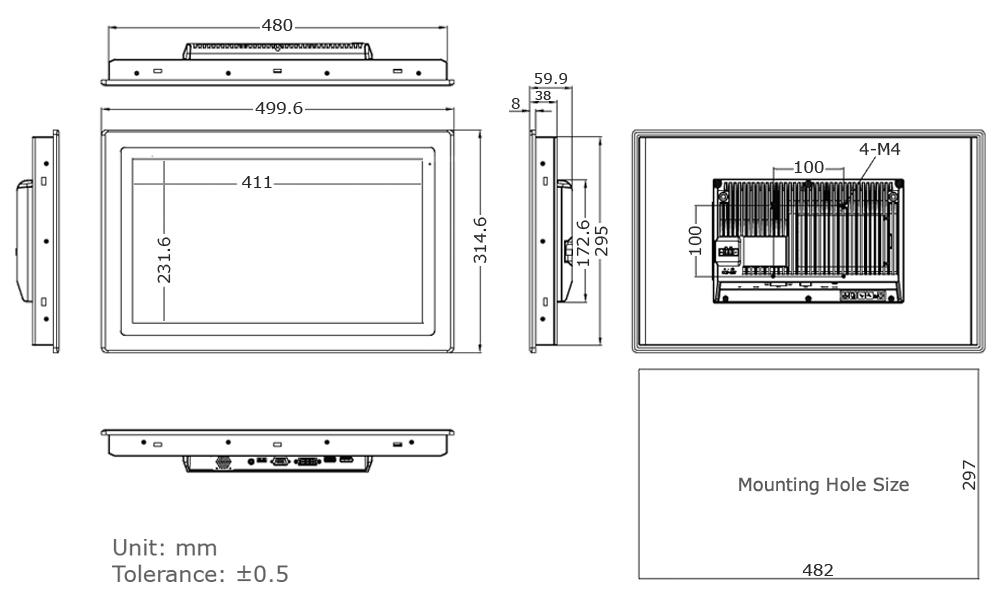 18" Industrial Touchscreen Monitor Tech Drawing