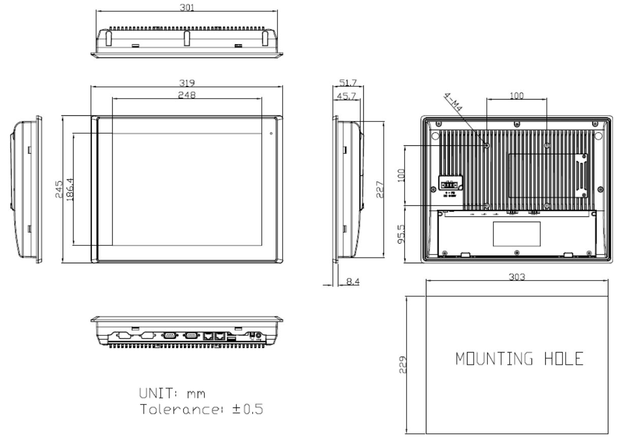 12" Fanless Panel PC Drawing