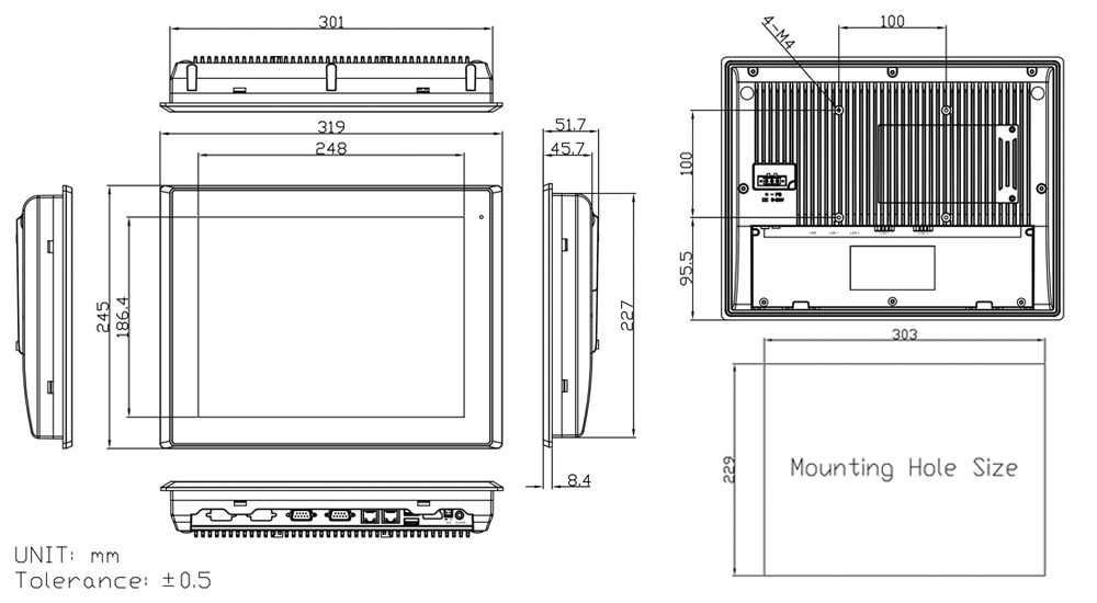 12" Fanless Panel PC Drawing
