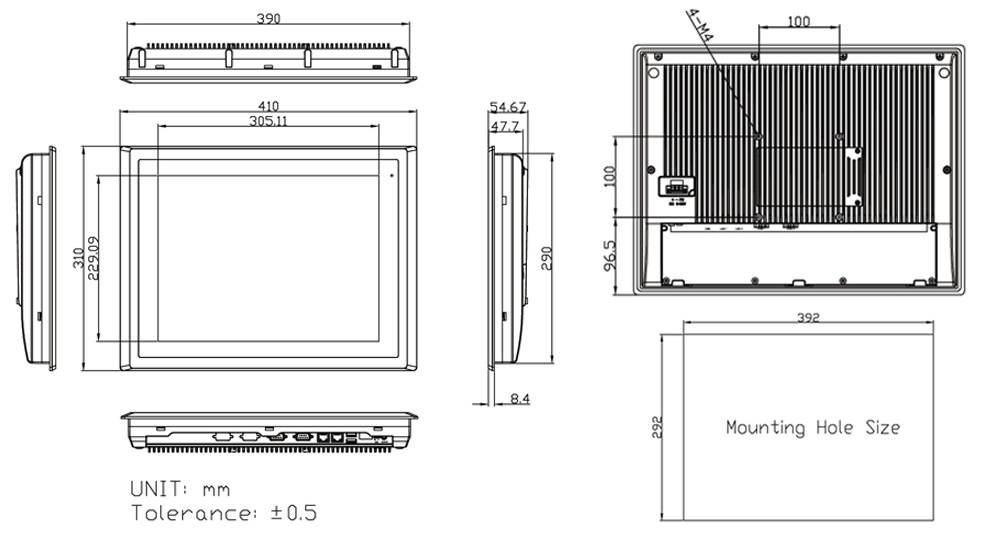 15" Fanless Panel PC Drawing