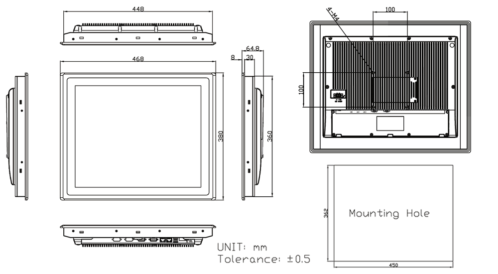 19" Fanless Panel PC Drawing