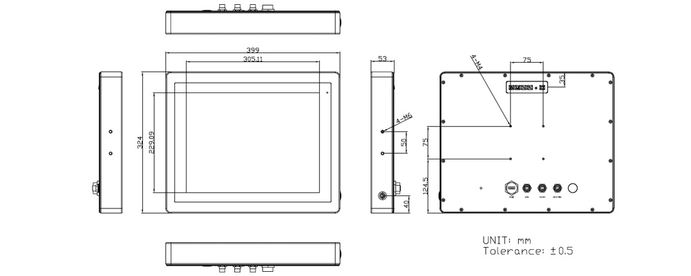 16" Waterproof Panel PC Tech Drawing