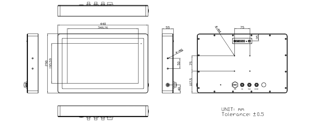 16" Waterproof Panel PC Tech Drawing