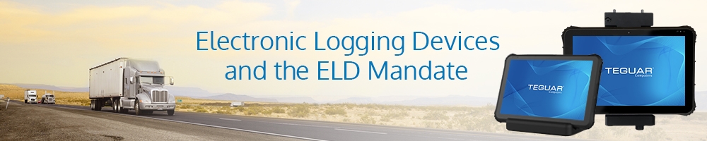 Banner mit einem Konvoi von Lastwagen und robusten Teguar-Tablets mit der Aufschrift Electronic Logging Devices and the ELD Mandate