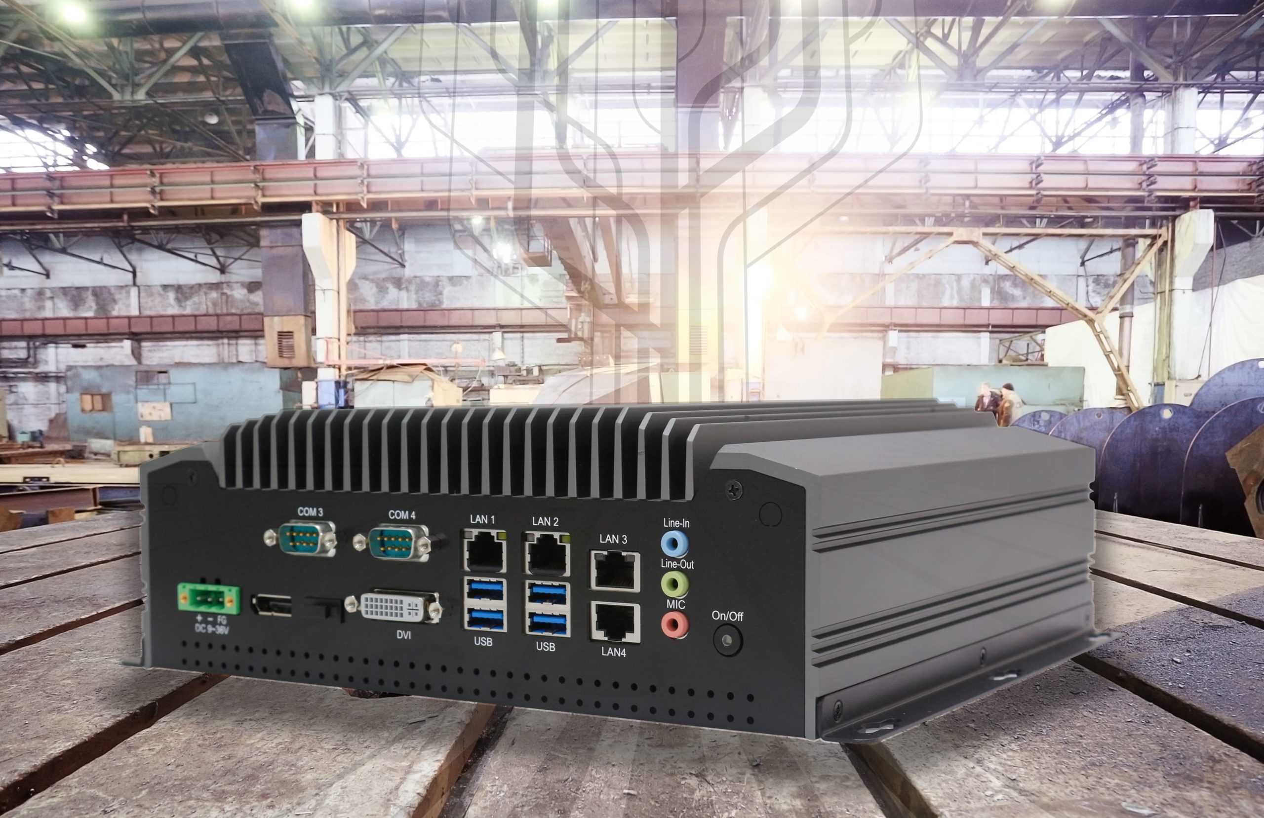 Teguar fanless box PC on display in a factory