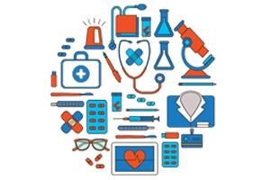 Medizinische Instrumente und Geräte in einem Kreis angeordnet