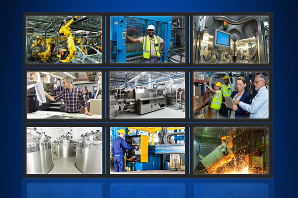 Neun Bilder von verschiedenen industriellen Szenen mit zahlreichen industriellen Touchscreen-Anwendungen