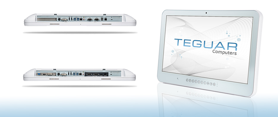Top, bottom, and front views of the Teguar TM-3010-22 showing inputs, outputs, and touchscreen
