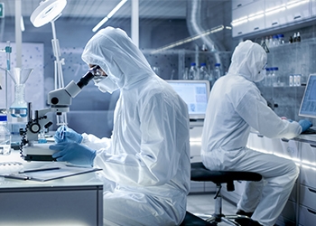 Zwei Labortechniker, die in einer Reinraumumgebung arbeiten