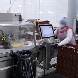 Arbeiter an einem Fließband neben einem wasserdichten Kabelverschraubungscomputer von Teguar