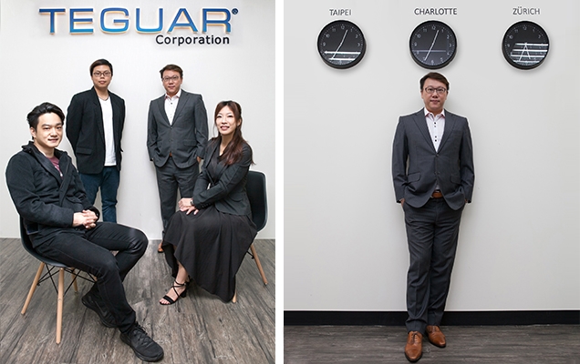 Das Unternehmensteam von Teguar auf der linken Seite, Business Development Manager Derek Tseng auf der rechten Seite