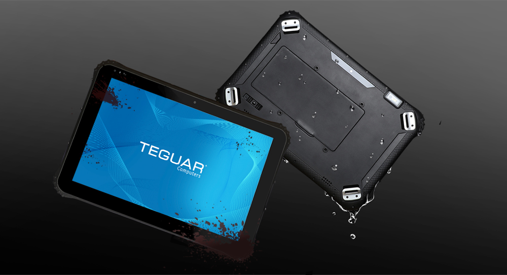 Teguar Rugged Tablet mit Schlamm- und Wasserspritzern