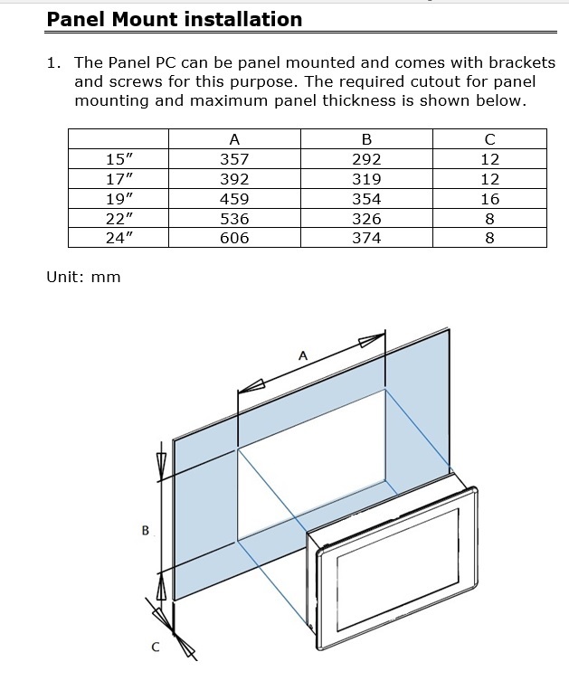 15 inch Industrial HMI Cutout Dimensions. For the 17 inch, the dimensions are 392 by 319 by 12 milimeters.