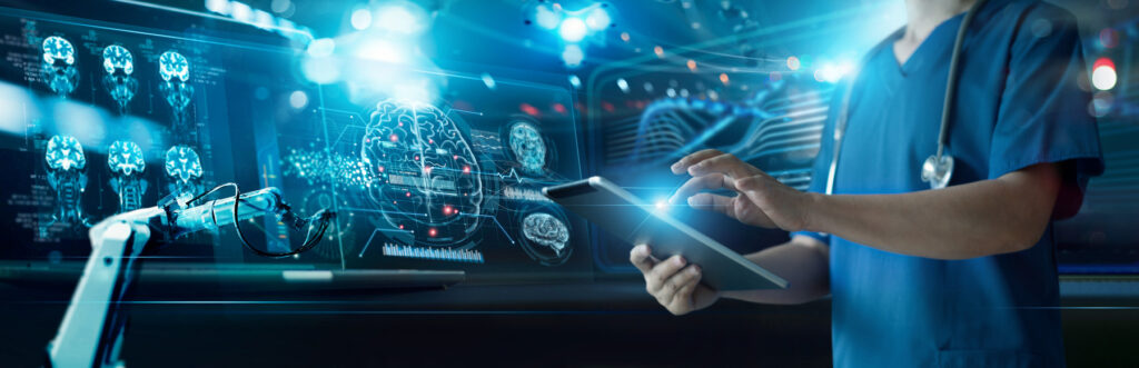 KI-Medizintechnik im Einsatz bei einem futuristischen Arzt