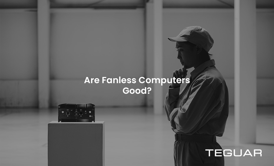 Black and white scene of a woman examining a fanless computer on a pedestal with the text Are Fanless Computers Good?