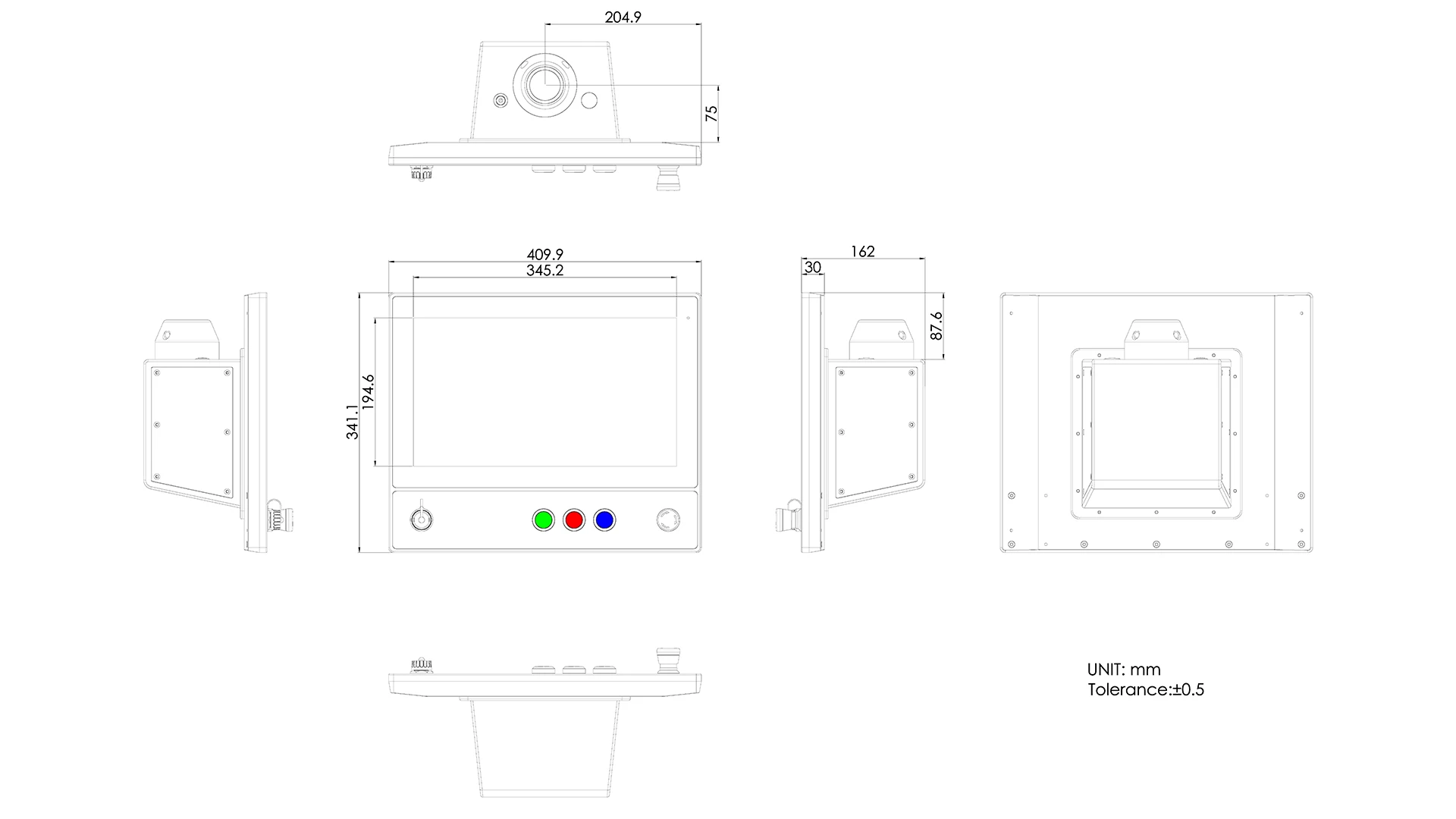 16 inch Operator Interface Terminal 2D Drawing