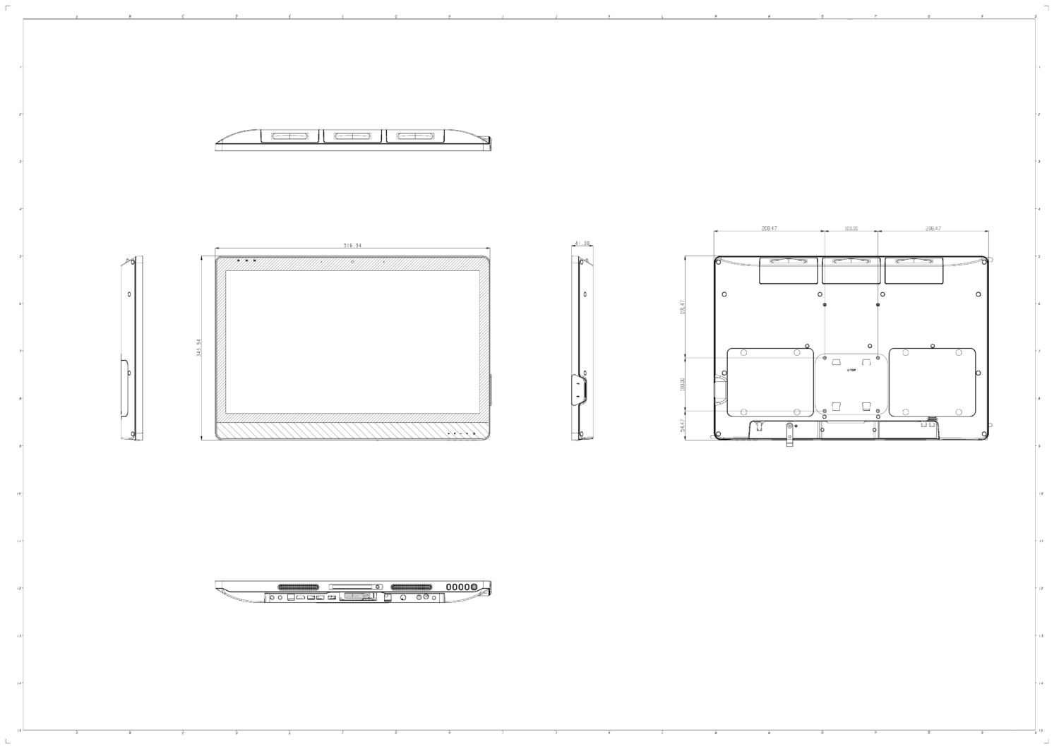 Technical 2D drawing of the 22" portable medical display.