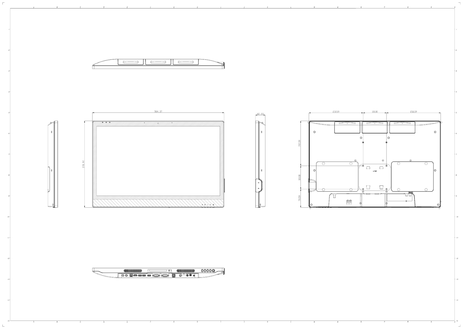 Technical 2D drawing of the 24" portable medical display.