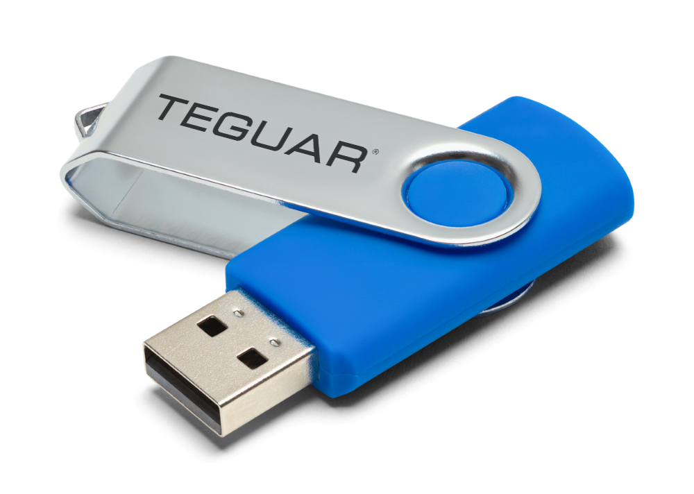 A small blue USB flash drive with a swiveling, Teguar branded metal cover. An example of a hot-swappable device.