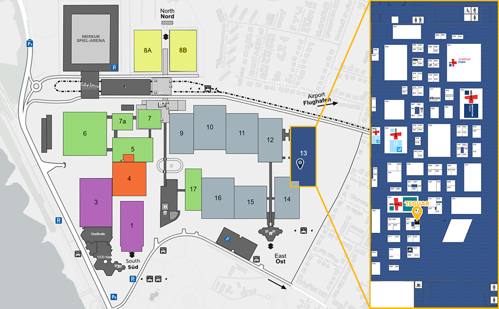 Eine Karte des Geländes der MEDICA 2024. Ein gelber Kasten hebt die Halle 13 hervor, und der Kasten wird nach rechts vergrößert, um eine Karte des Inneren der Halle 13 zu zeigen. Am Stand C24 befindet sich ein gelber Stift mit der Aufschrift TEGUAR.  