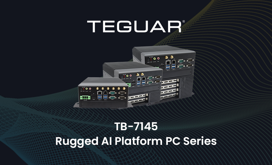 Text reads Teguar TB-7145 — Rugged AI Platform PC Series. Accompanying the text is an image of the series, showing one base unit, one 2X expansion, and one 4X expansion staged beside each other.