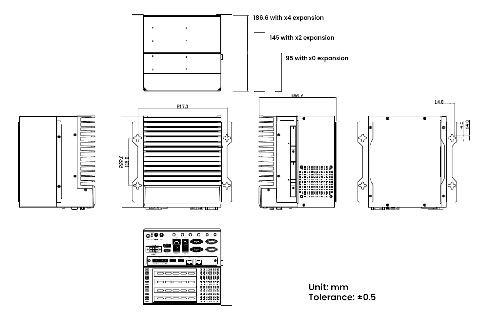 A black and white 2D drawing detailing the dimensions of the Rugged AI Platform PC. The PC is presented in its 4X extension, with additional labels indicating the reduced measurements of the smaller expansions.