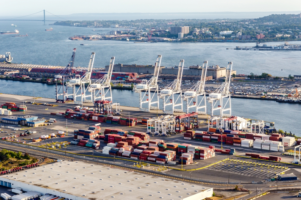 Aerial view of industrial harbor in Jersey City. New York. USA