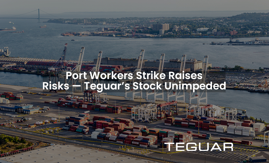 Photo of a shipping port in New York with text overlaid that reads Port Workers Strike Raises Risks — Teguar's Stock Unimpeded