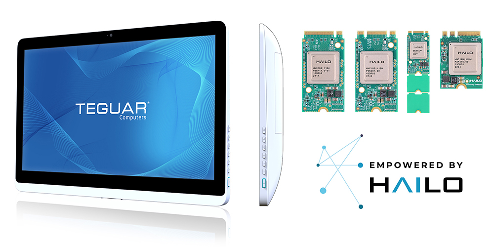 Ein 22 Zoll großer medizinischer Computer von Teguar steht neben Hailo KI-Chips mit Textlesefunktion Empowered by Hailo.