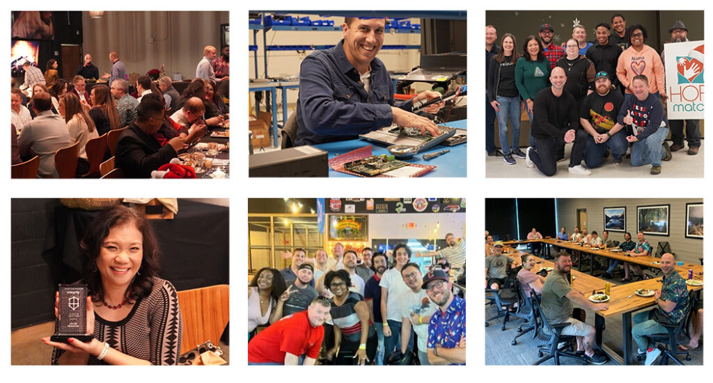 Collage von Teguar-Fotos von Teammitgliedern bei der Arbeit, in Meetings und bei gesellschaftlichen Veranstaltungen.