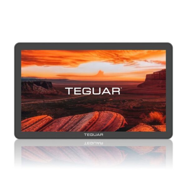 Front view of Teguar's TP-7200-16 Core Ultra Panel PC with a stylized red landscape wallpaper