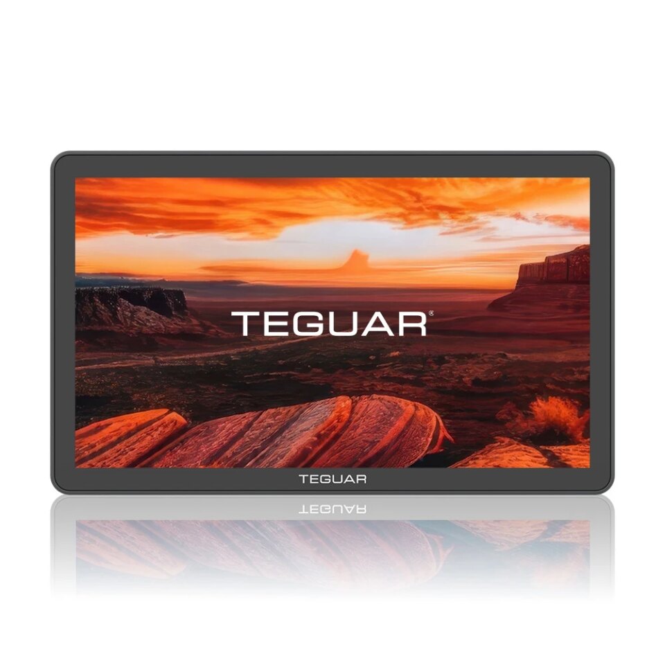 Front view of Teguar's TP-7200-16 Core Ultra Panel PC with a stylized red landscape wallpaper