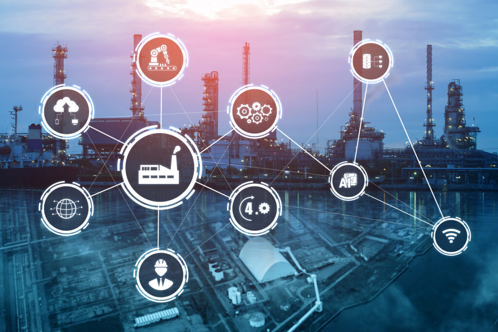Intelligente Fabrik mit Symbolgrafik, die ein Automatisierungssystem mit Robotern und automatisierten Maschinen zeigt, die über ein Internet-Netzwerk gesteuert werden.