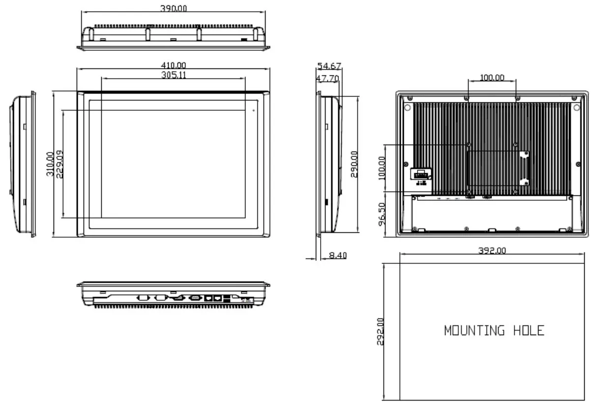 15" Fanless Panel PC Drawing