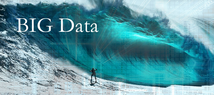 Person surfing a giant wave overlayed with circuits and the words BIG Data
