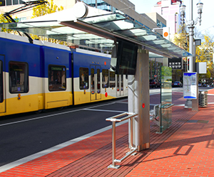 Public industrial computer kiosks at a light rail station