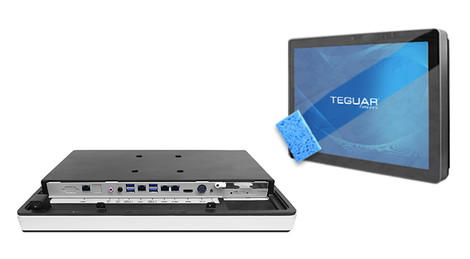 Teguar TM-5040 computer inputs and outputs plus a sponge cleaning the touchscreen