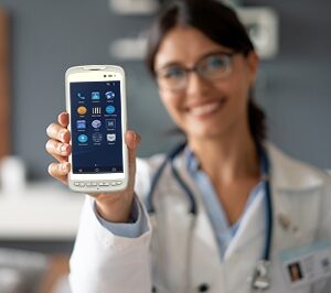Healthcare professional holds up a medical rugged handheld smart device
