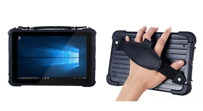 Front and back views of a TRT-5180 rugged tablet with a handstrap