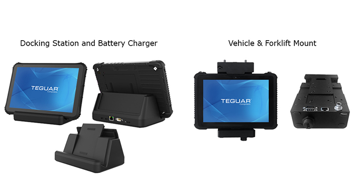 Rugged tablet accessories, including docking station, battery charger, and vehicle & forklift mount
