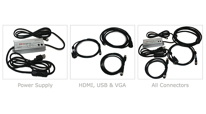 Three images showing a power supply, HDMI, USB & VGA cables, and additional connectors