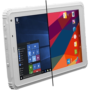 Rugged tablet showing half of a Windows desktop and half of an Android desktop