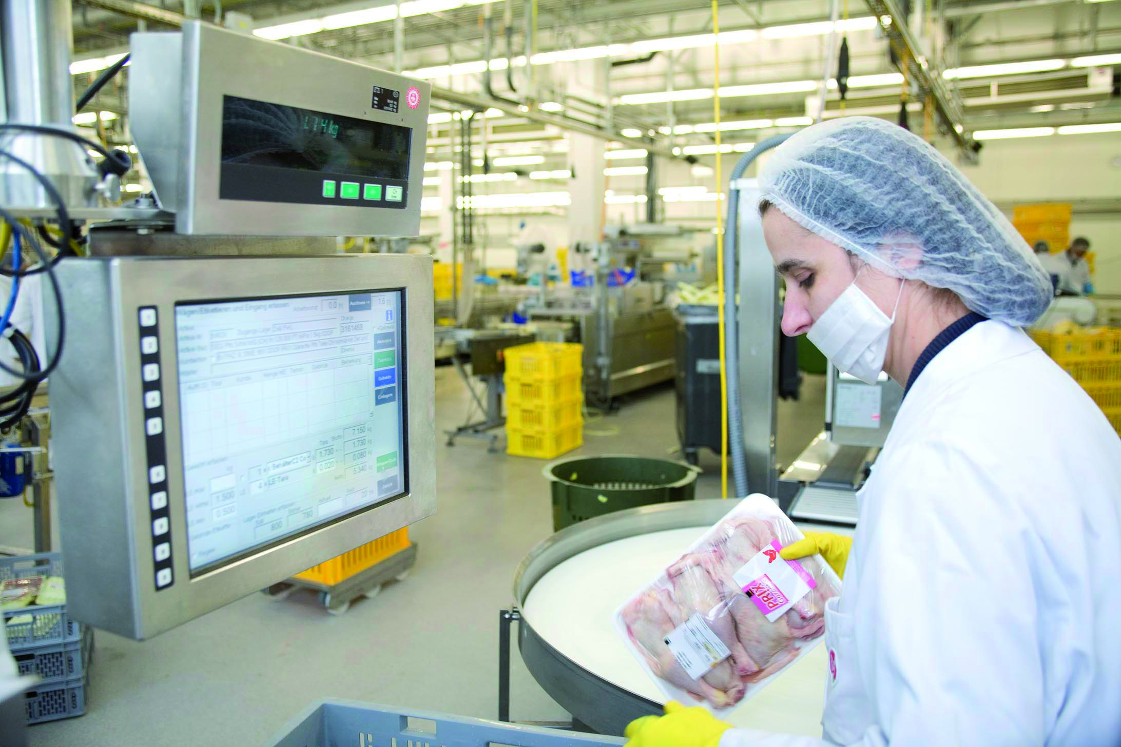Factory worker in a food processing plant using an industrial computer
