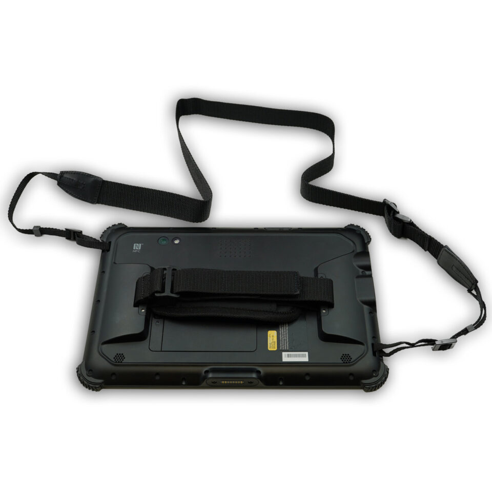 Ruggedized tablet back view with shoulder strap