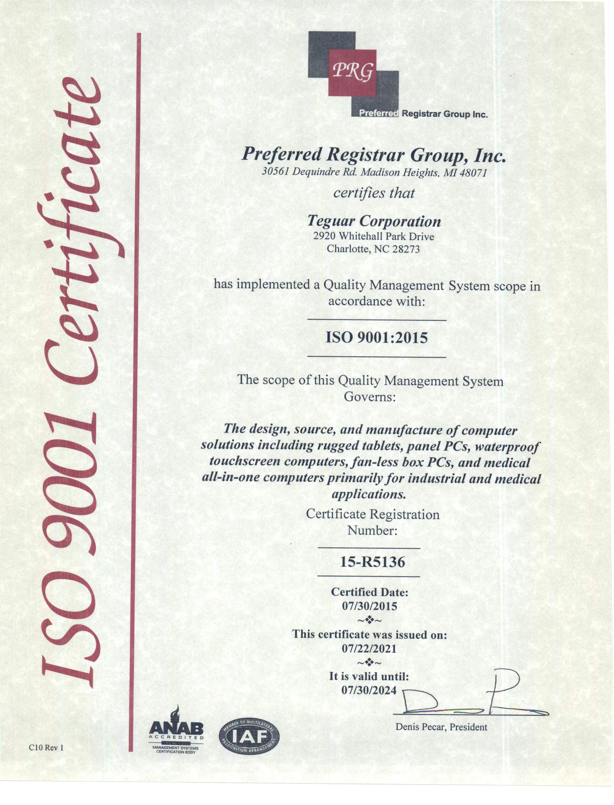 ISO 9001-2015 Certificate Teguar expires 07/30/2024
