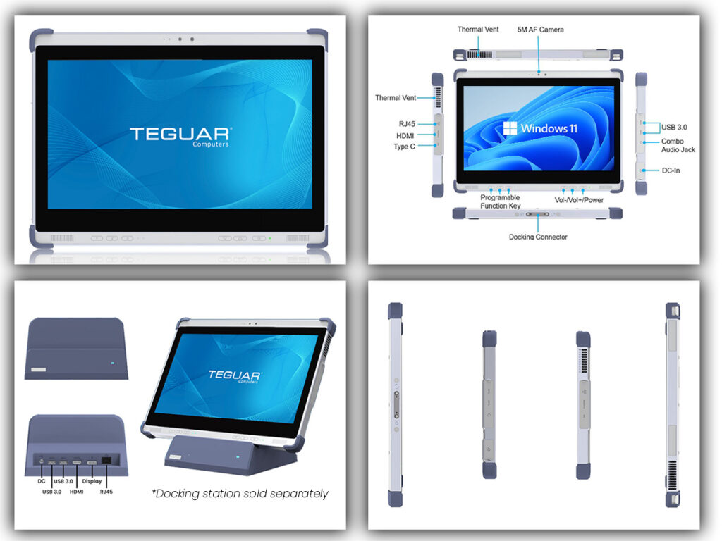 Four pictures showing off features of the TMT-5957-13 Medical Tablet