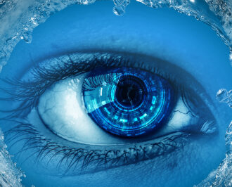 Stylized blue eye with digital elements in the cornea surrounded by water